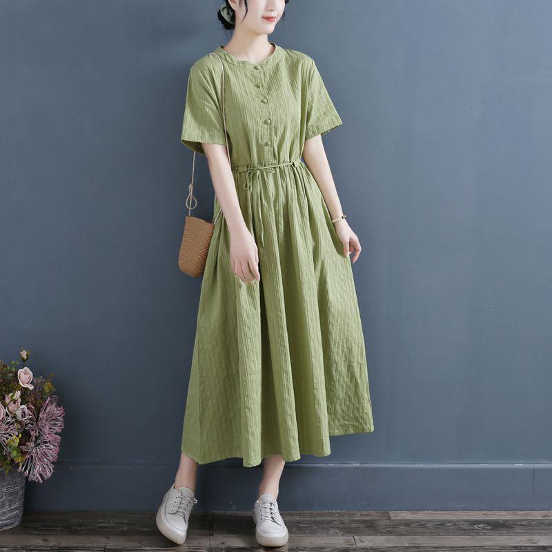

2025 Suede Short Sleeve Stand Collar Dress, Commuting Style Street Fashion with Loose Waist and High Manganese Wash. M зелёный