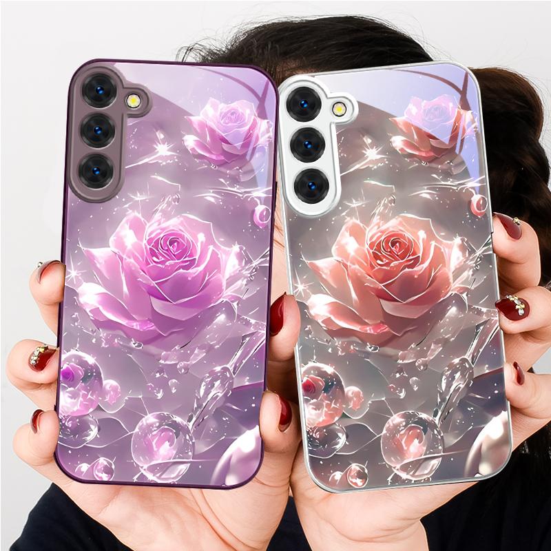 Ice Crystal-colored Roses For Samsung S26 S22 S8 9 10 S20 Ultra S21 Pro S22 Plus S23 FE S24Ultra S25 Edge S24+ Glass Phone Case