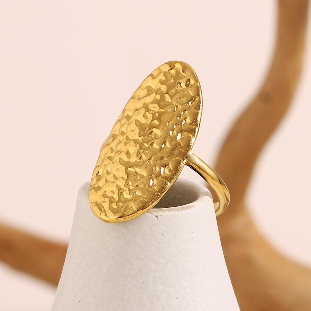 MamacitaSlay 316L Stainless Steel Oval Hammer Pattern Opening Ring Party Waterproof Jewelry Women's 18K Gold Plated Ring Gift