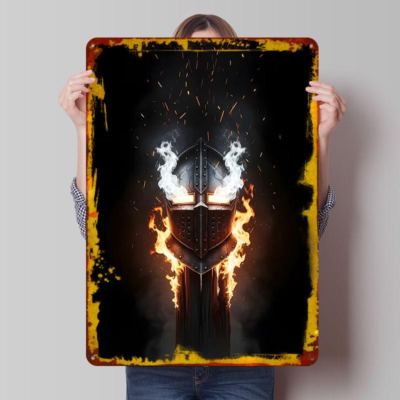 Burning Knight Helmet Printed Poster Customized Wall Art Retro Vintage Metal Tin Signs for Bedroom Decoration Room Decor Men