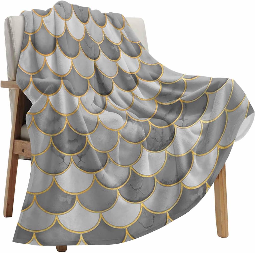 Mermaid scale blanket blue gold fish pattern fantasy design soft throw ocean decor bedroom textile magical home accessory
