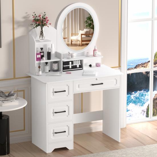 Makeup Desk with Mirror, Large Vanity Desk with Storage Shelves, 4 Drawers, Makeup Vanity Table with Light, Bedroom Dressing Table