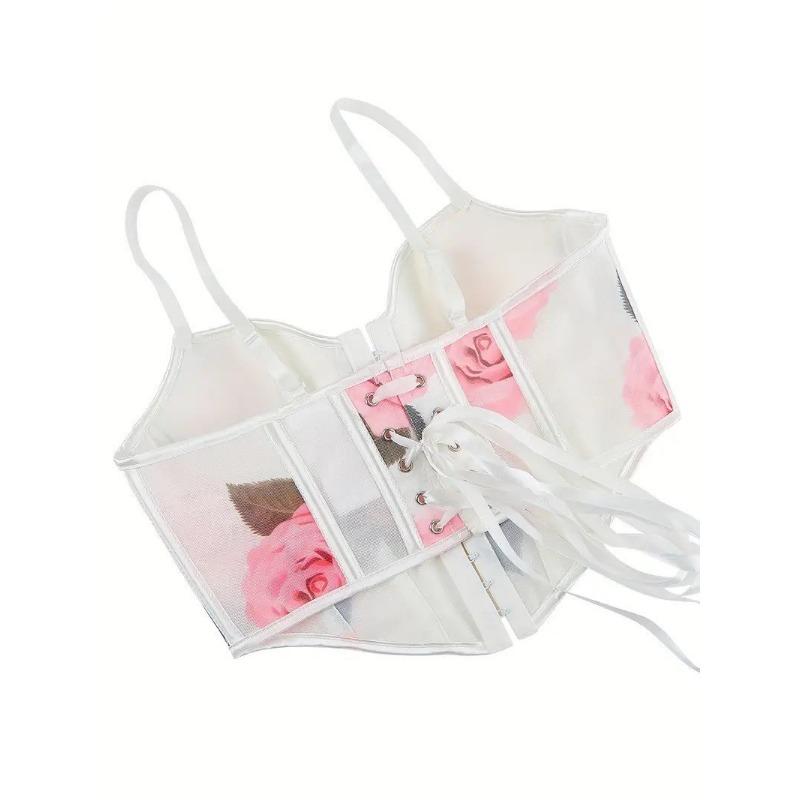 Mesh Rose Print Front Hook Corset Top Spaghetti Strap Bustier Crop Top for Women