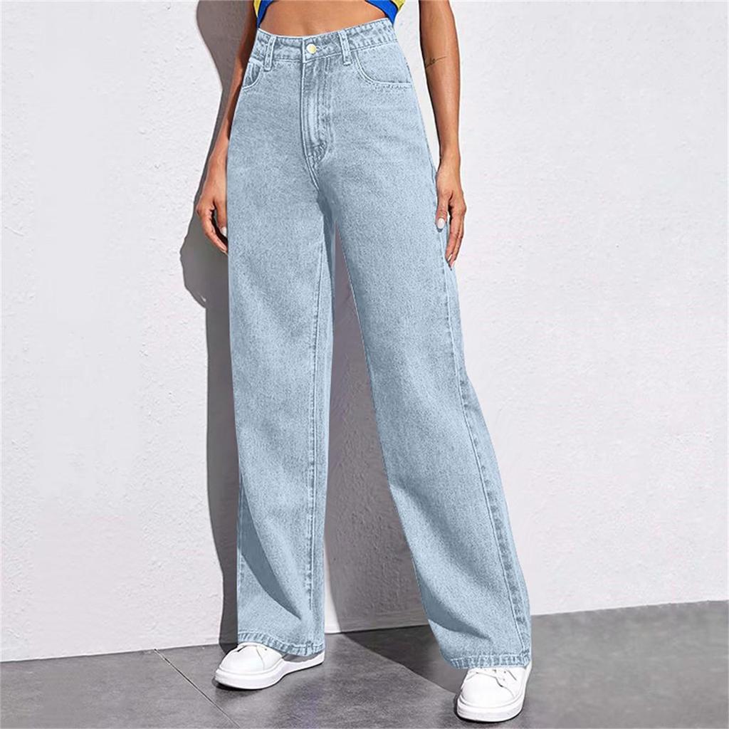 Pantaloni Denim a Vita Alta da Donna Jeans Elasticizzati a Gamba Larga con Tasche