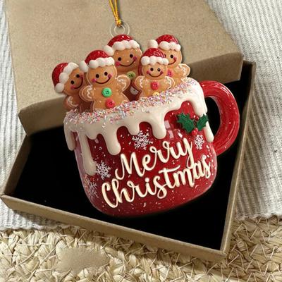 Yousheng 1/2/3 Stück Frohe Weihnachten Lebkuchenmann Familie Ornament Roter Keramikbecher Anhänger mit Zuckerguss Schneeflockenmustern