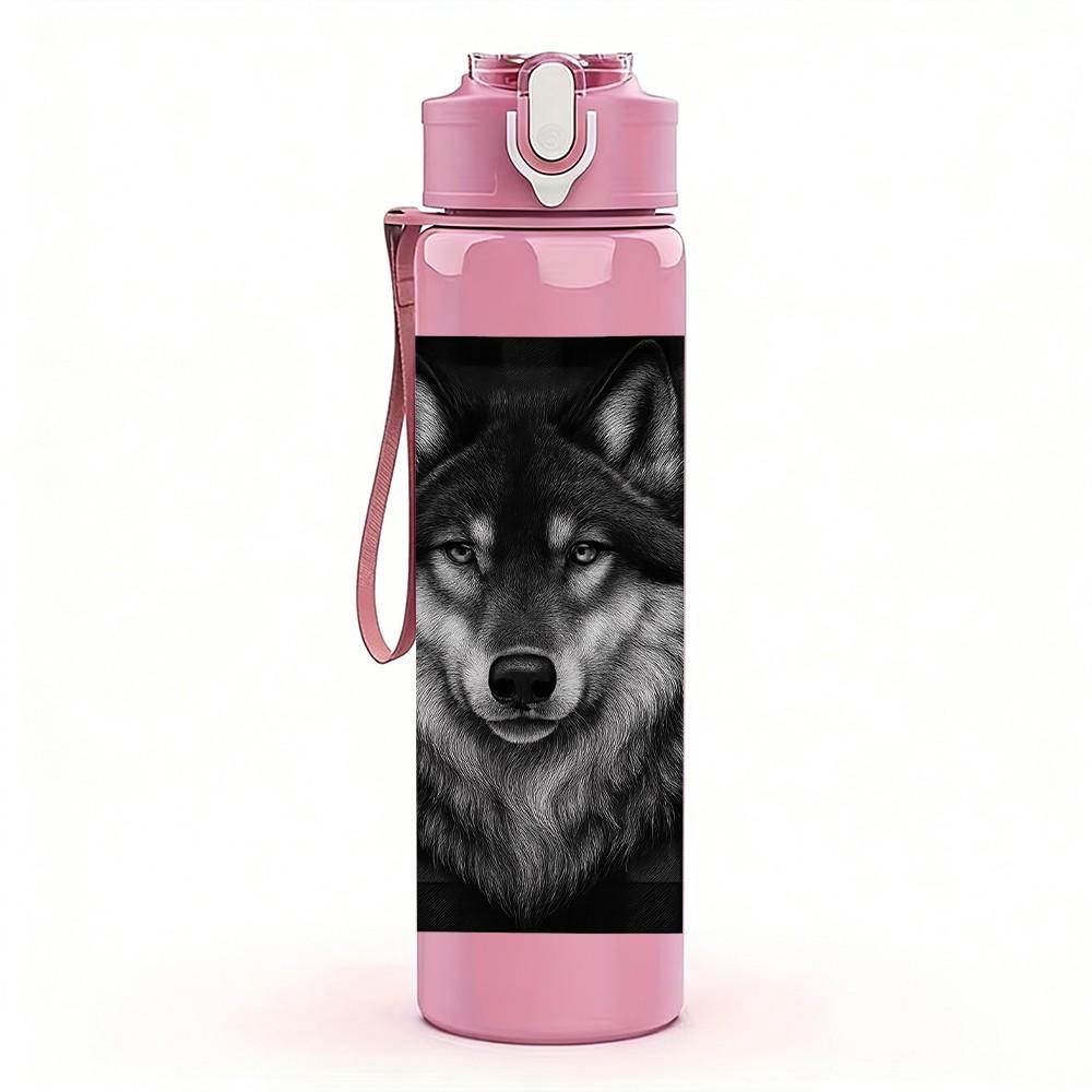 1PC Dark Wolf Head Realistic 750ml Color Plastic Sports Water Bottle Leakproof Flip Straw Lid Suitable for Sports Office Home Use