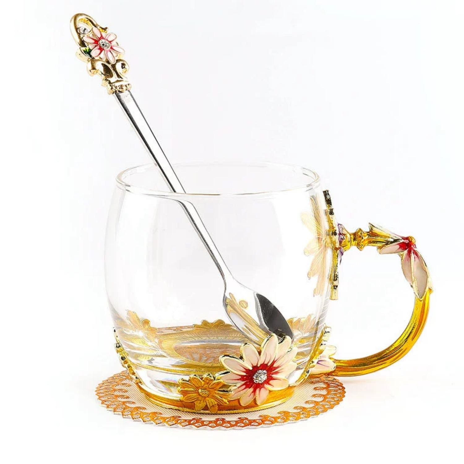 

Стеклянные кружки для кофе с эмалью в виде бабочки и цветка ручной работы, чайная чашка с ложкой, подарки на день рождения, Рождество для нее, женщины, мамы, подруги, учителя, валентинки Yellow-S