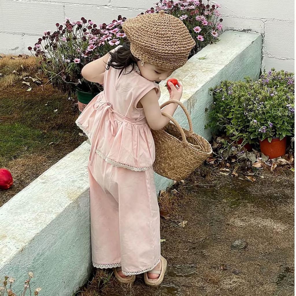 Girls' Summer Sweet Pink Set Baby Lace Sleeveless Top + Wide Leg Pants Cute and Comfortable Two-Piece Set