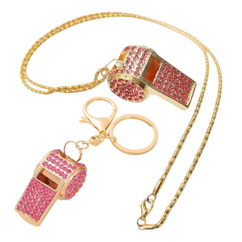 2-Piece Rhinestoned Whistle Keychain and Necklace Set with Zinc Alloy Construction 6 Stylish Color Option for Daily Use