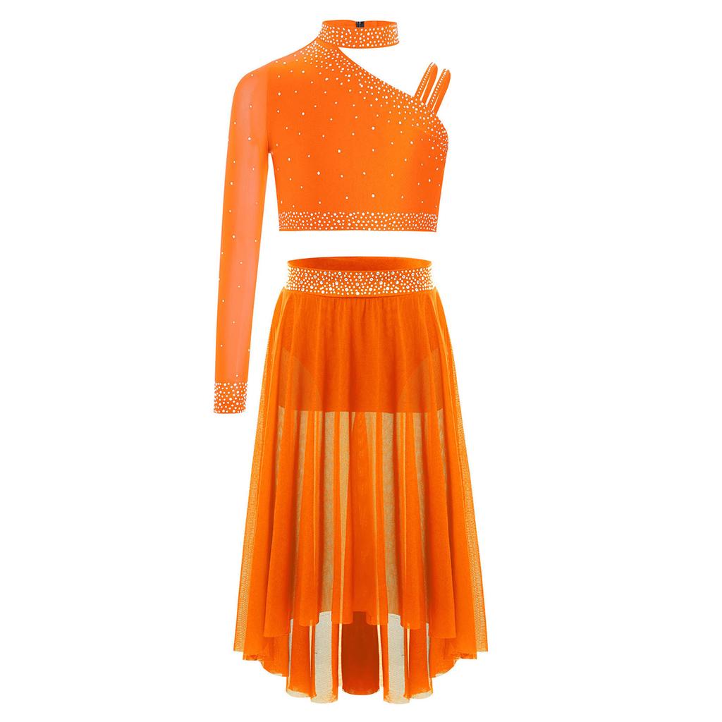 Complete Lyrical Performance Outfit for Girls Unique Shoulder Design Crop Top & Flowy Irregular Hem Mesh Skirt Set