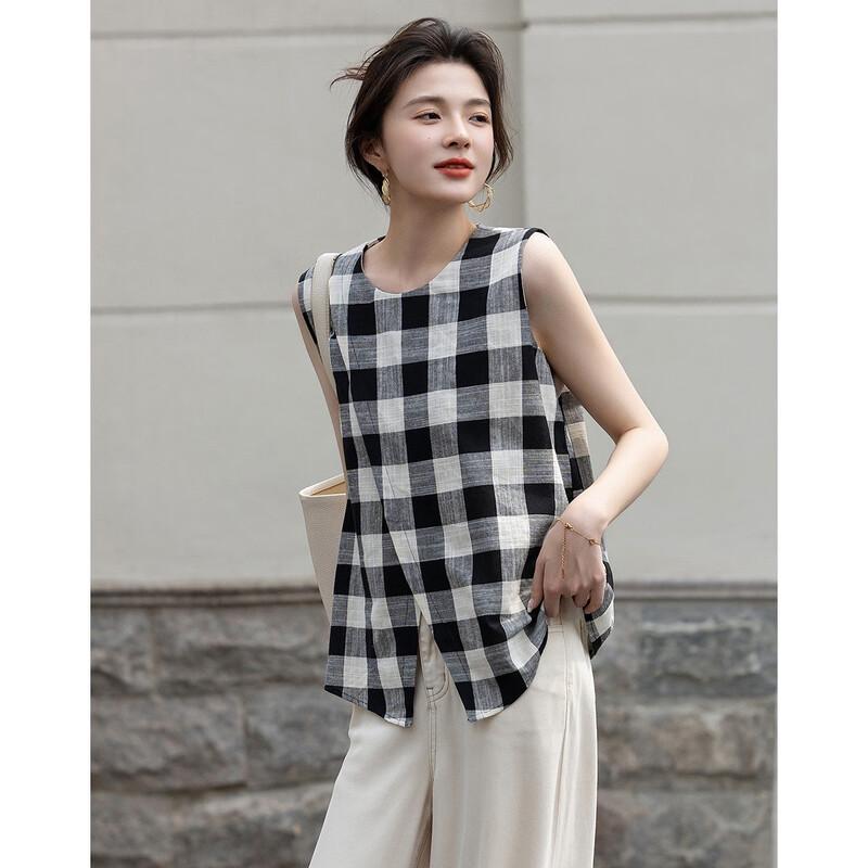 Demana Women's Retro Plaid Sleeveless Cotton Shirt