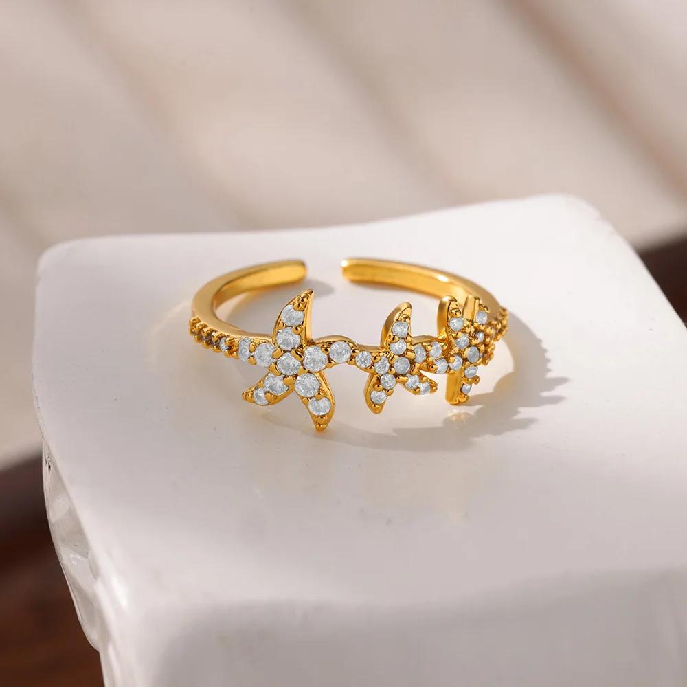 Dainty Zircon Shell Starfish Turtle Evil Eye Rings Stainless Steel Ring Women Anti Fading Golden Charm Zircon Accessories Gifts