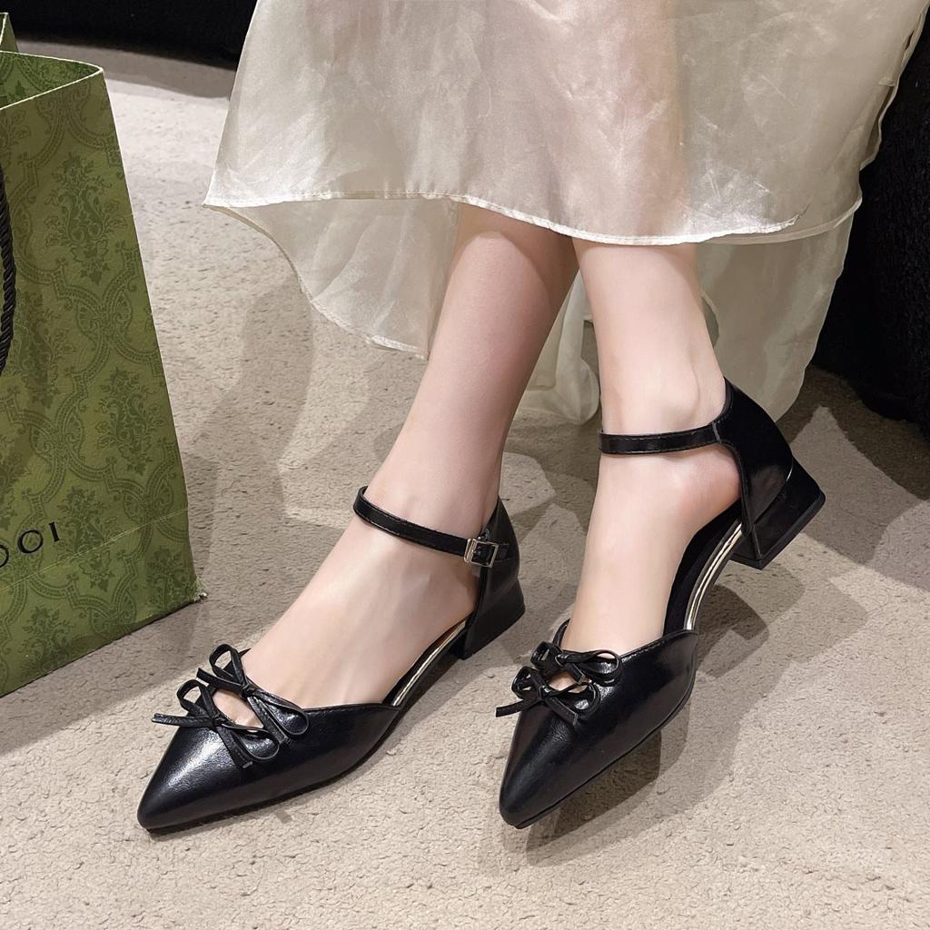 Spring and Autumn shoes bow thick heel single shoes new pointed niche with skirt 2025 black Mary Jane shoes women