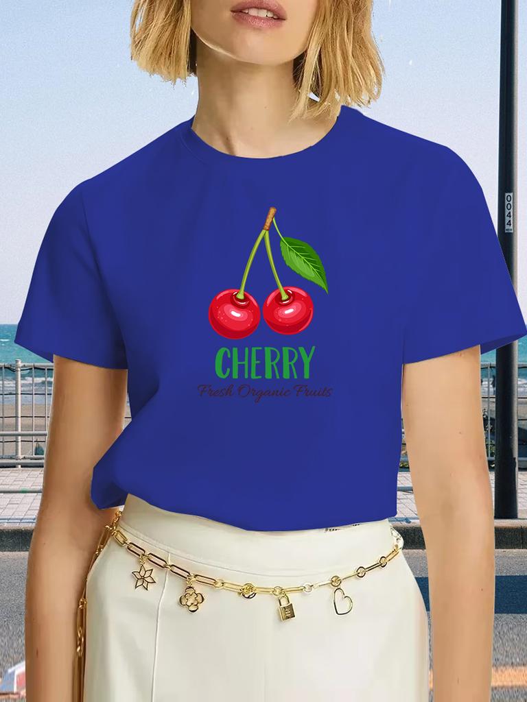 Cherry Blossom Graphic Print Crew Neck T-Shirt - Women's Casual Short Sleeve Summer & Spring Top Relaxed Fit