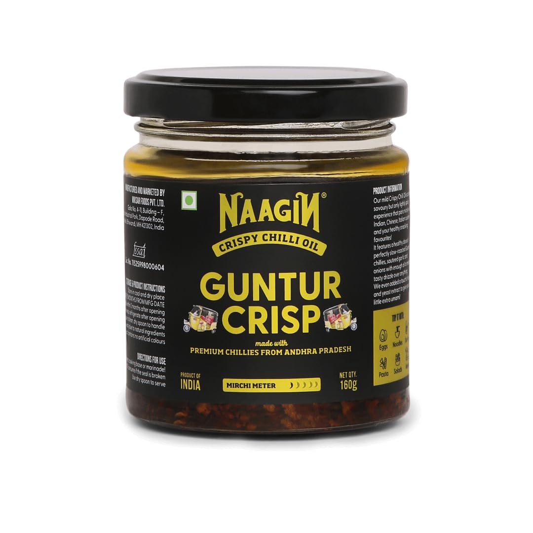 

Naagin Guntur Crisp Chilli Oil (160g) | Crunchy, Mild & Garlicky | Vegan, No MSG | Dip, Pour, Cook | Chilli Oil for Momos, Dimsums & Noodles