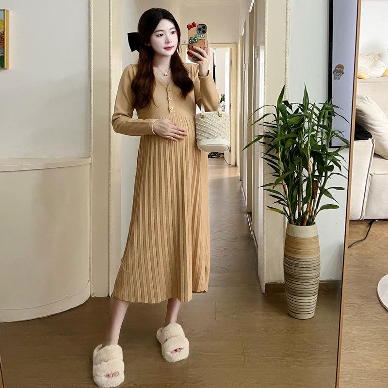 Korean Style Pleated Maternity Dress - Early Spring Collection M