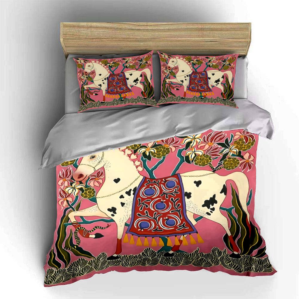 Decorative Horse With Floral Background Bedding Set For Kids Luxury Gift 3Pcs Digital Print Comforter Set Soft Comfortable