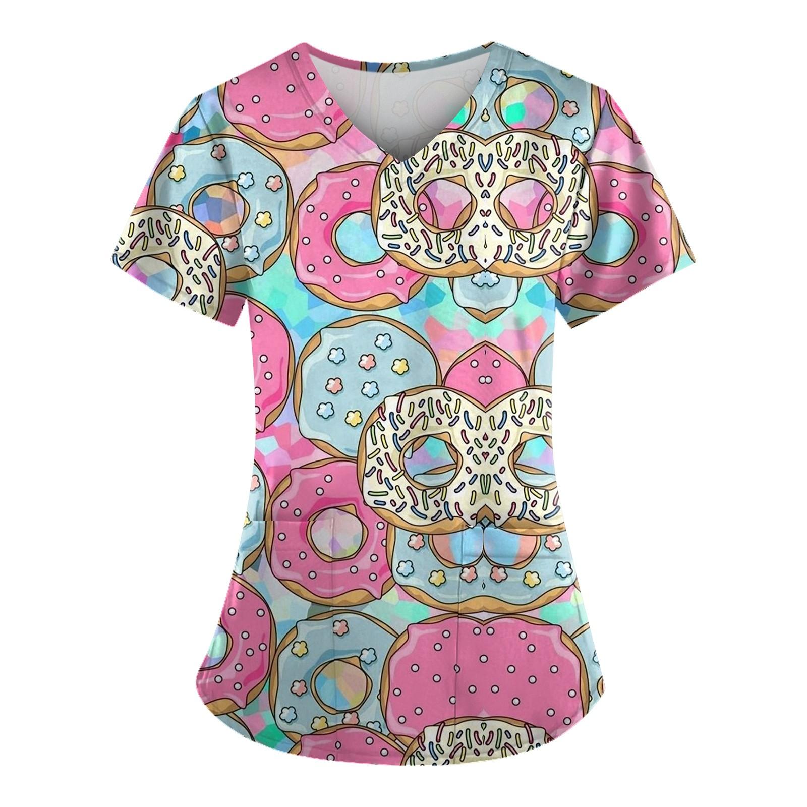 

Рабочая форма больших размеров с принтом, топы для женщин, забавные футболки с v-образным вырезом и короткими рукавами, рабочая одежда, футболка с карманами S