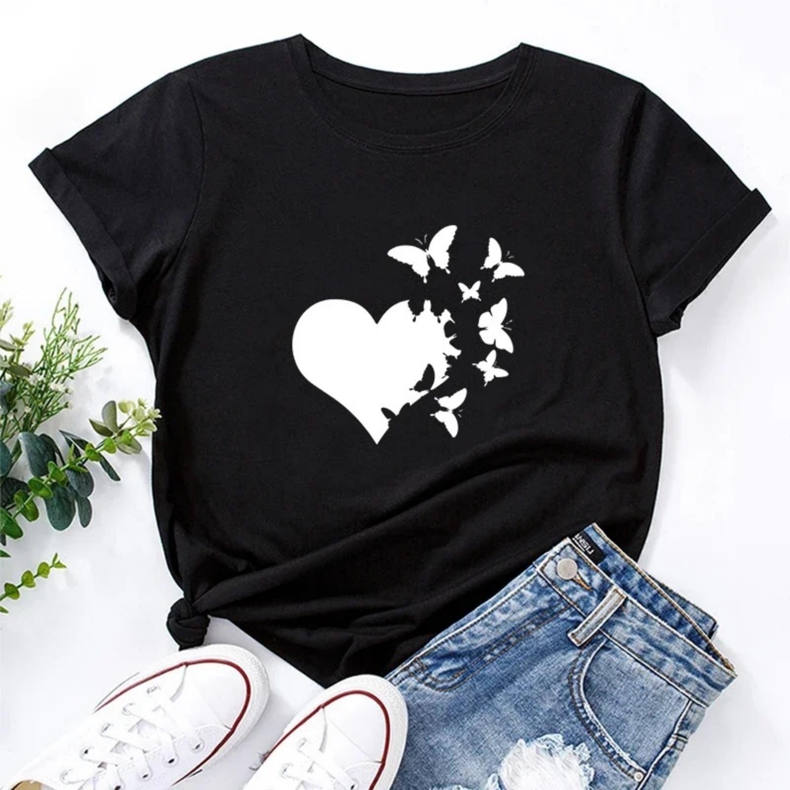 

2025 Brand New Women s T-shirts 100% Cotton Soft Round Neck Short Sleevd Top Spring Summer Cute Butterfly Printed Tee Shirts S