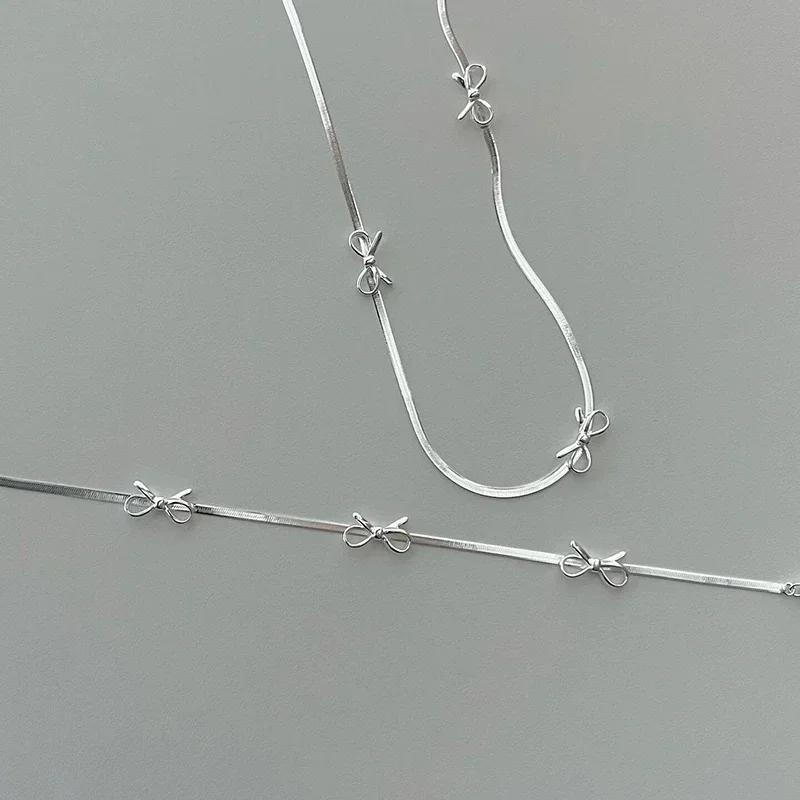Cute Fresh Silver Color Simple Bowknot Bracelet for Women Ladies Elegent Chain Necklace Bangle Party Light Luxury Jewelry