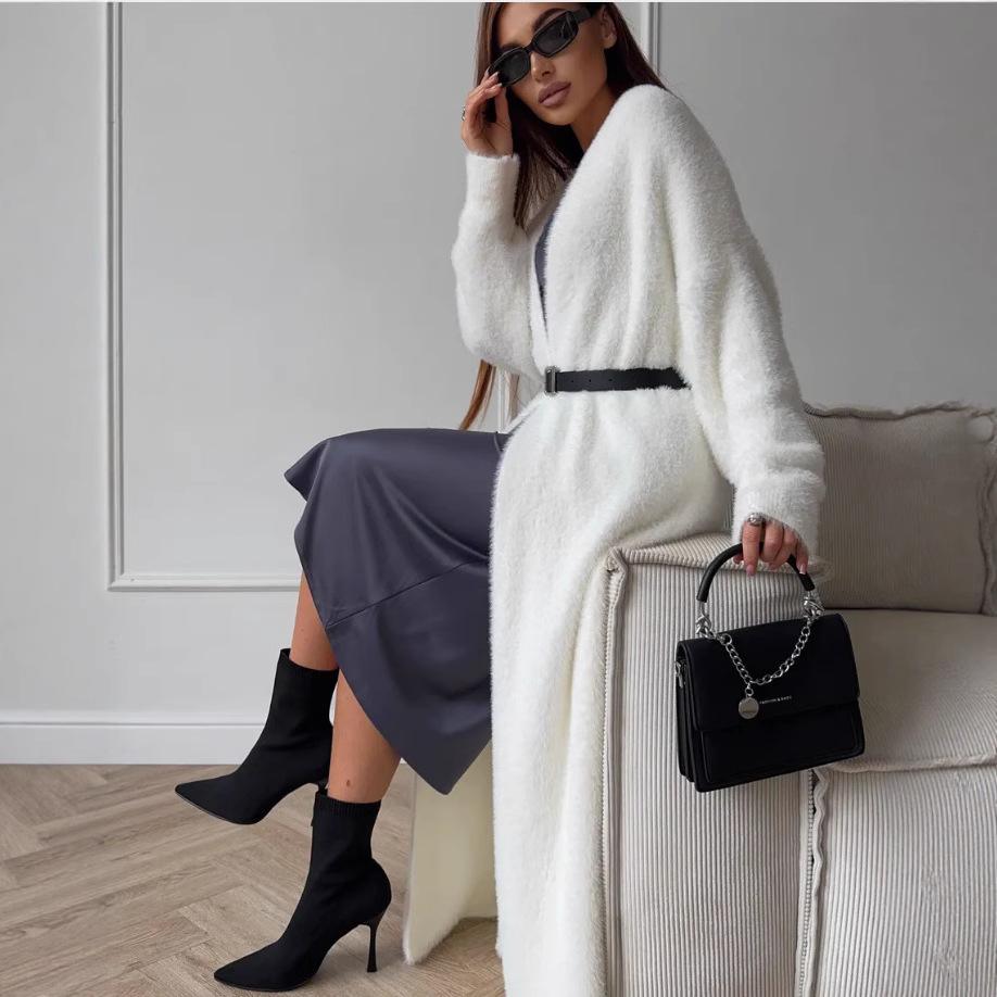 Women's Fluffy Faux Mink Knit Cardigan Coat - White, Autumn/Winter Loose Fit