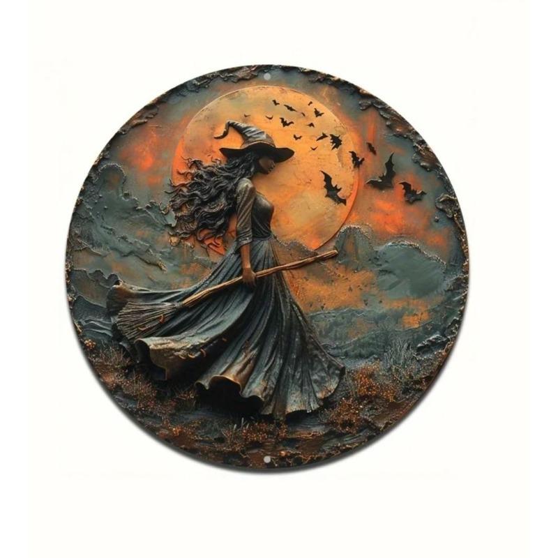 Hexenbesen Halloween Schild, Runde Aluminium Wandplakette 20x20cm