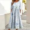Fresh Blue and White Floral Print Round Neck Medium Sleeve Loose Holiday Dress