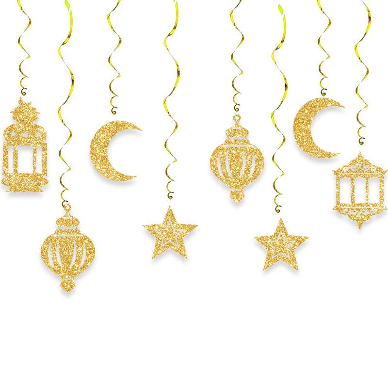 Spirálové ozdoby z hvězd a měsíce ve tvaru blízkovýchodních luceren pro dekorace k svátku Eid