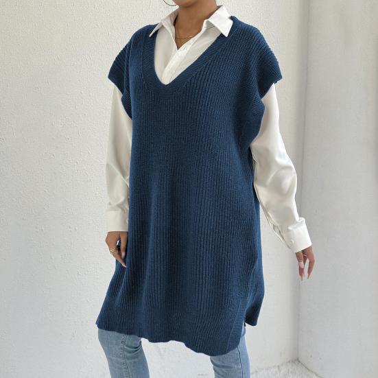 Women Sweater Vest V-Neck Sleeveless Solid Color Knitting Vest Loose Fit Side Split Design Casual Sweater Vest