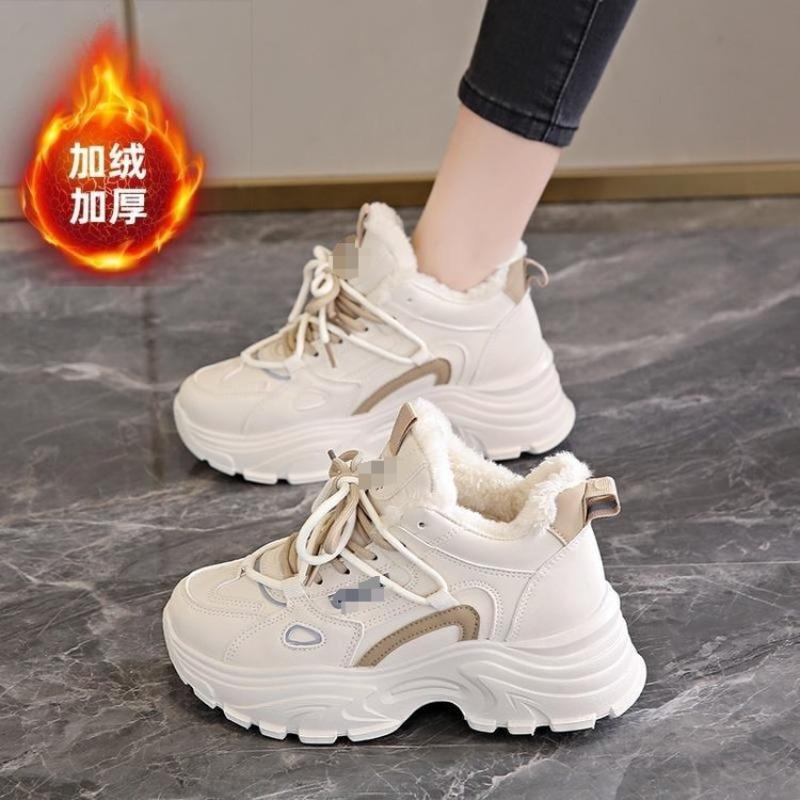 Fleece warm leather cotton shoes women's shoes winter non-slip snow boots thick-soled heightening sports shoes