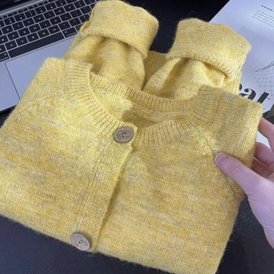 Autumn New Retro Sweater Jacket Fashion Loose Yellow Knitted Cardigan Women's Clothing
