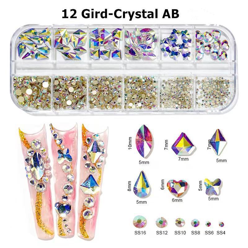 12Gird Box Multi Size Bunte Strasssteine ​​Flatback Crystal Diamond Gems 3D Glitter Nail Art Luxuriöse Dekorationen