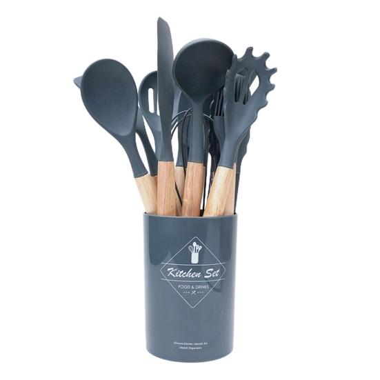 Matériel Cuisine Sécuritaire Ustensiles De Cuisine En Silicone - Set 12 Pièces - Poignées En Bois - Résistant à 200°C - Bleu Foncé Ustensiles Cuisine Bois Silicone Bleu Foncé