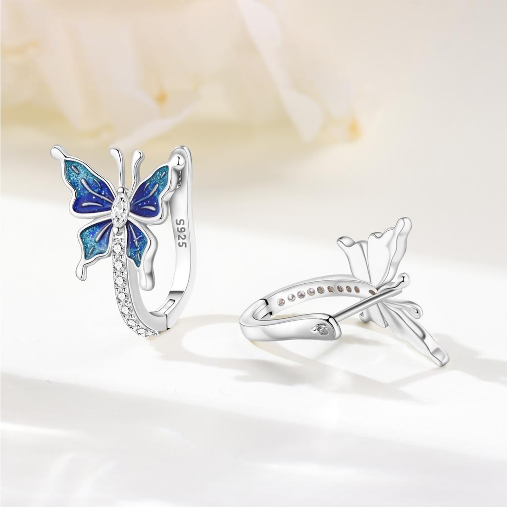 S925 Silver Dreamy Blue Butterfly Earrings Hoop Earrings Women Jewelry Trendy Anniversary Gifts