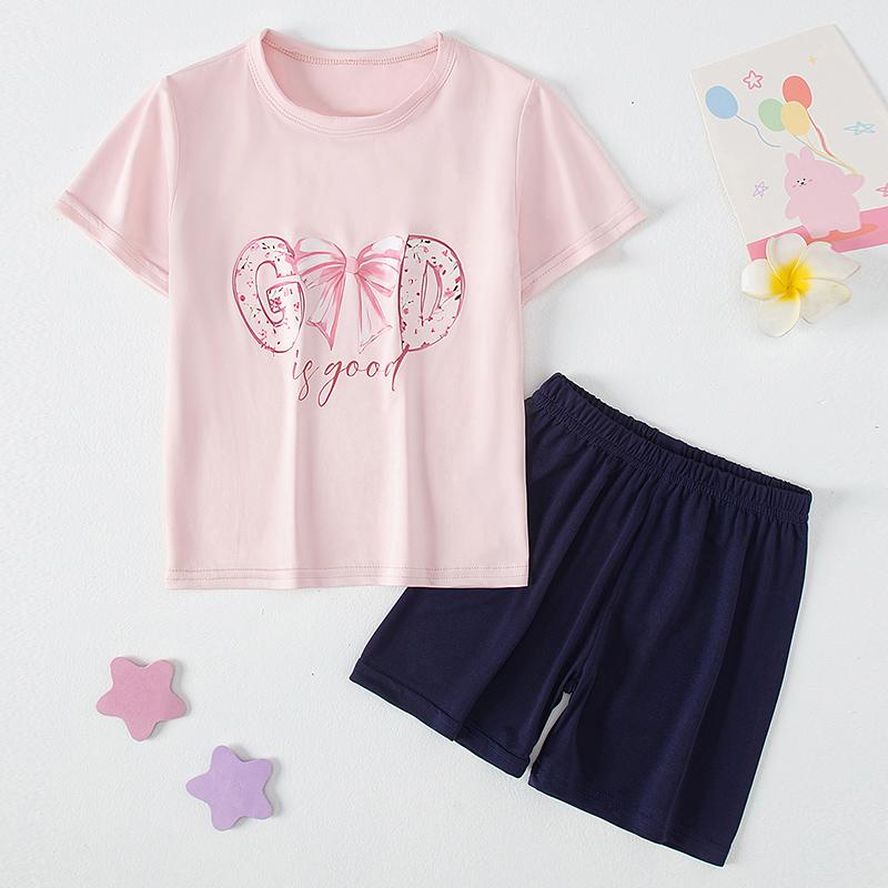 2 Piece Children's Casual Fashion Suit Girl Sweet And Lovely Bow Round Neck Shirt Comfortable And Versatile Elastic Waist Shorts