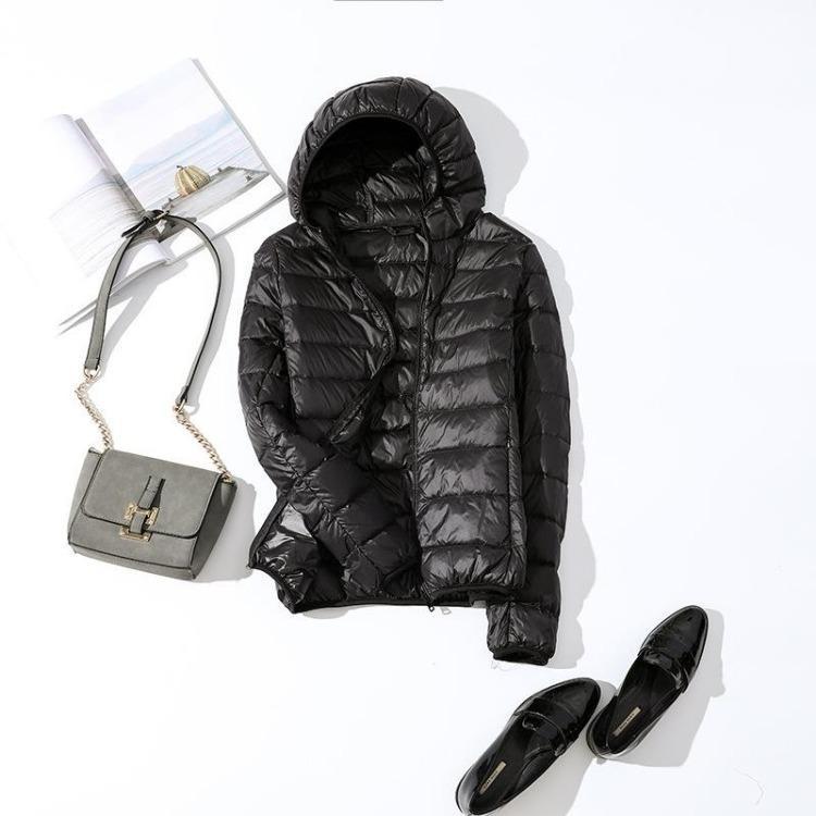 Giacca da donna invernale in piumino, slim, calda, ultraleggera, taglie forti, con cappuccio, cappotto corto, piuma d'anatra bianca, capospalla, autunno
