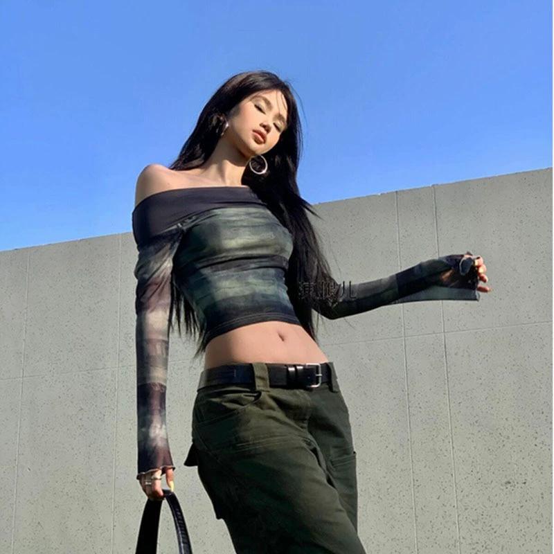 Tops de calle con estampado retro ajustado y hombros descubiertos para mujer, camiseta vintage de manga larga de verano Pure Desire, jersey informal de malla para mujer