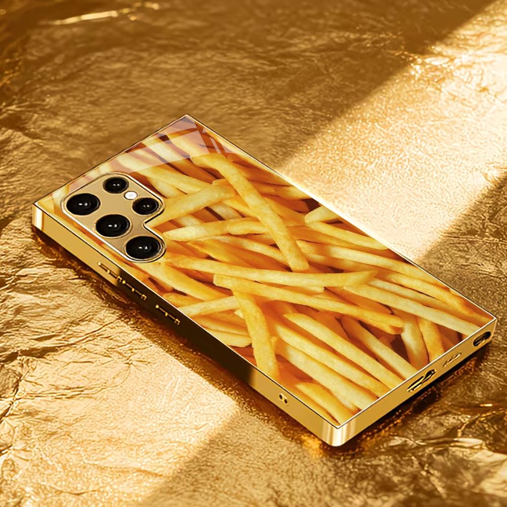 Gold French fries Atmosphere High-end Electroplating Glass PhoneCase for Samsung Galaxy S26 S25 S24 S23 S22 S21 FE,Ultra,Plus