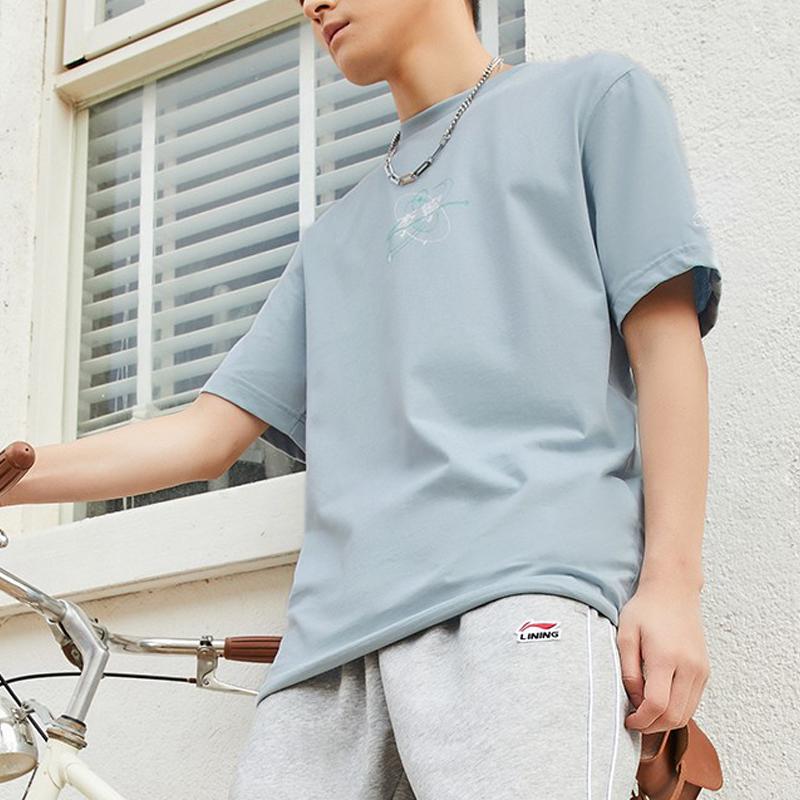 Li-Ning Comfortable Soft Casual Loose Round Neck Pullover Short Sleeve T-Shirt Men Tops Mist-Blue AHST735-3