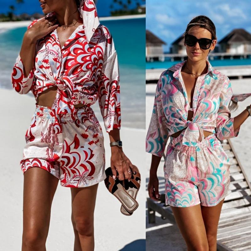 

Beach vacation sunscreen top shorts two-piece red pink, summer fashion new products casual all-match vacation suit women XXL рожевий