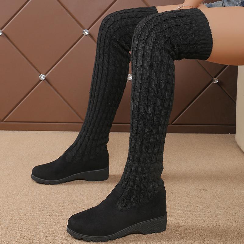 Fashion Women Wedges High Boots Mid Heels Over The Knee Knitting Shoes Woman 2025 Trend Winter Fashion Classic Sock Boots Mujer Botas