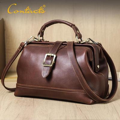 Full-Grain Cowhide Convertible Women's Shoulder Handbag with Metal Hinge Buckle