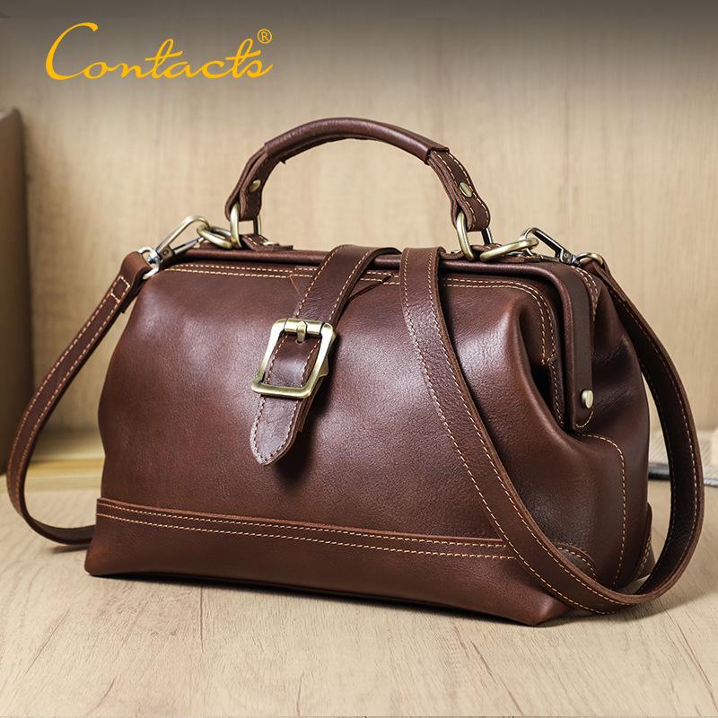 Full-Grain Cowhide Convertible Women's Shoulder Handbag with Metal Hinge Buckle