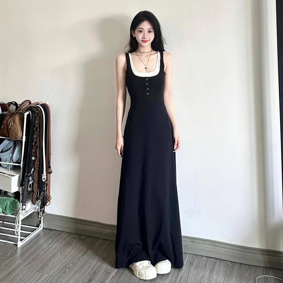 Korean-Inspired Black Patchwork Sleeveless Camisole Dress with Cinched Waist for Women Small чёрный
