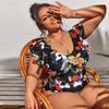 Bikini Ruffles One Piece Swimsuit Women Sexy Deep V-Neck Floral Print Bikini Swimwear Beachwear Tankini
