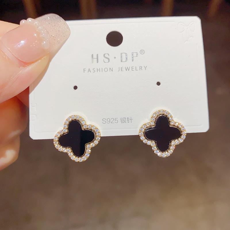 Fashionable and Versatile Small and Simple Micro-inlaid Four-leaf Flower Earrings Light Luxury High-end Earrings