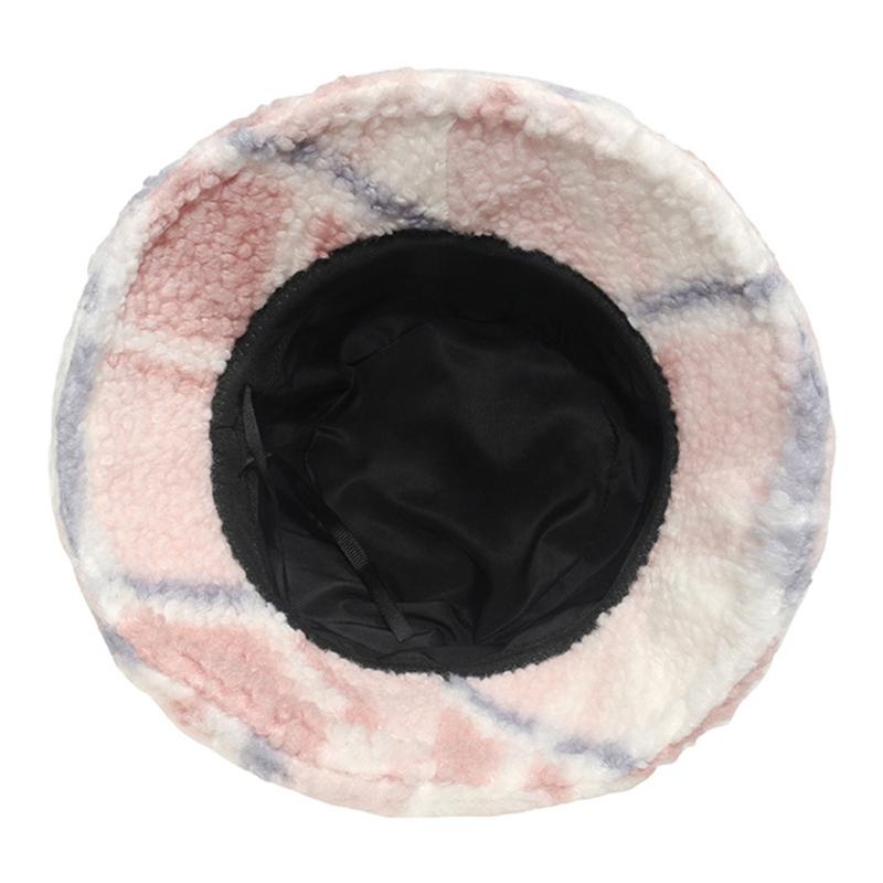 Color Patch Lattice Plush Basin Hat Small for Fresh Grid Fisherman Hat Plush Outdoor Trend Casual Autumn Winter All-matc