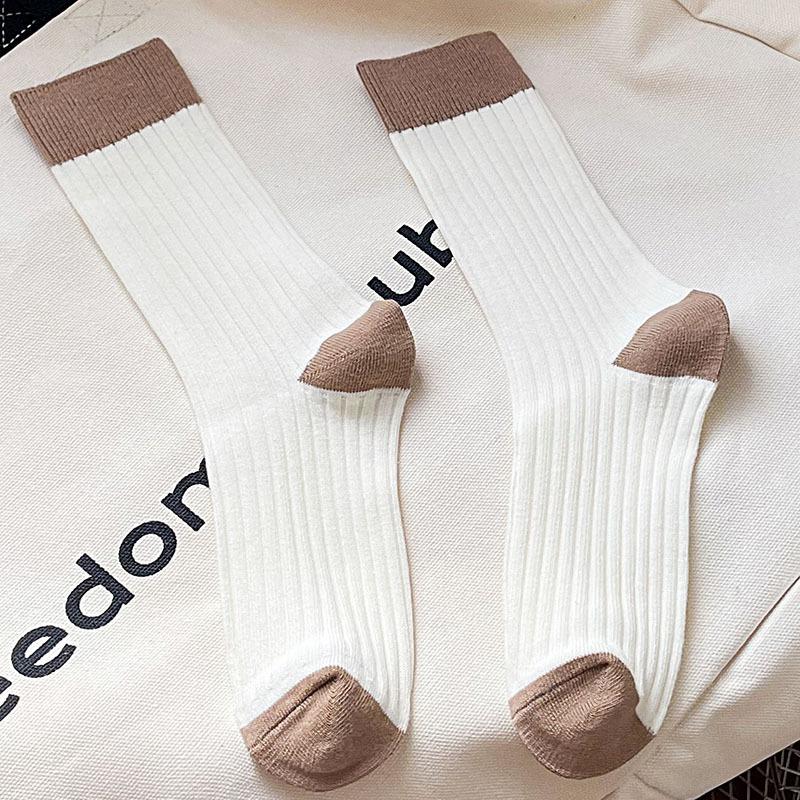 

Женские носки на осень и зиму: Носки с вертикальным расположением петель двойной иглой, однотонные носки до середины икры, женские носки, черные и белые длинные носки 1 pair хаки