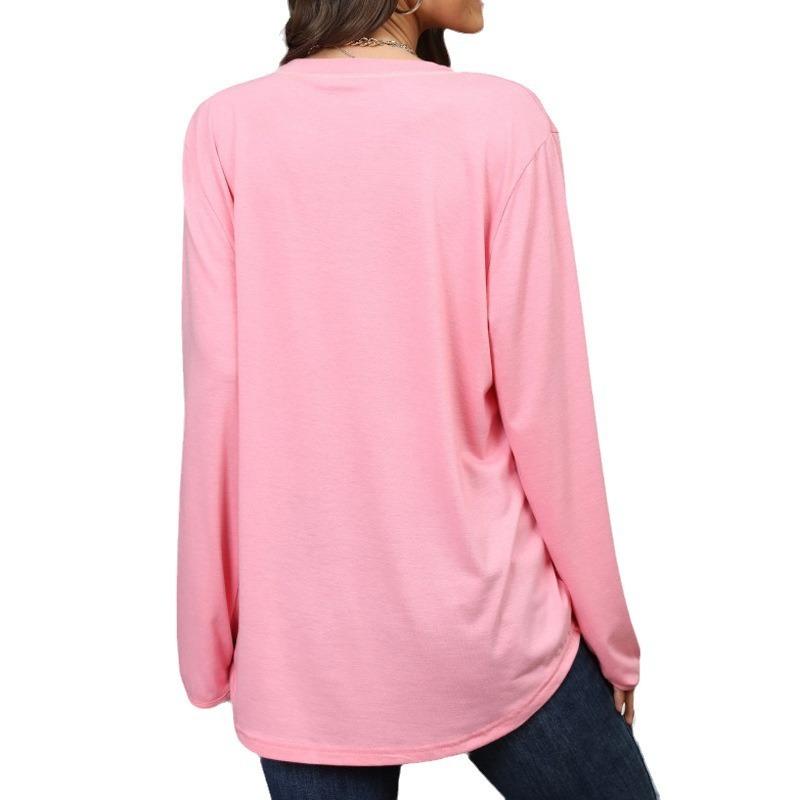 Spring Autumn Women's Round Neck Casual Color Long Sleeved T-shirt Top