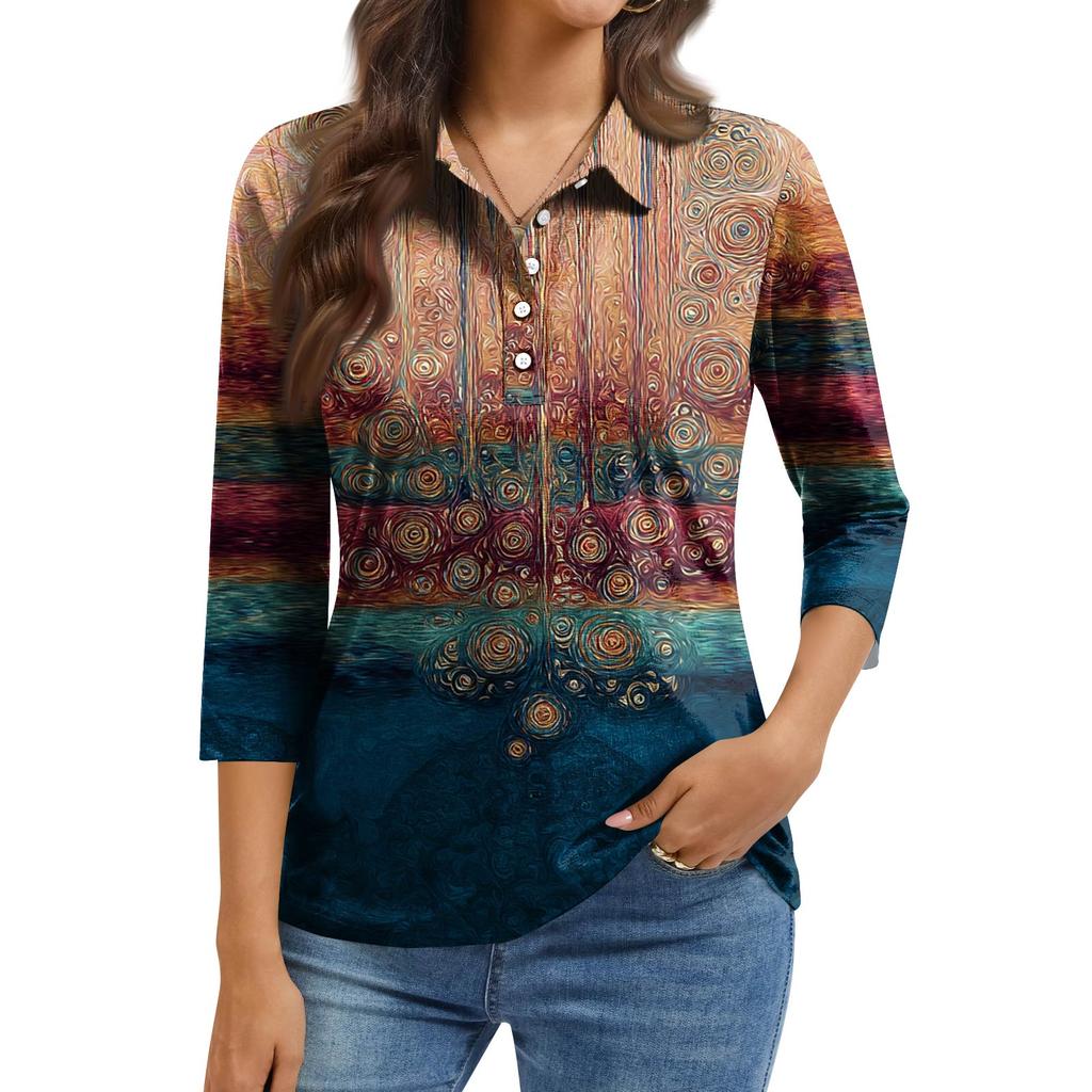 Women's Fashion Casual Lapel Short 3/4 Sleeve Print Shirt Women's Button Up Tops